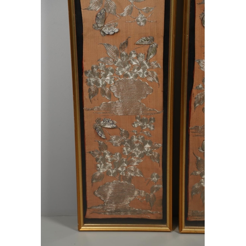 882 - LARGE FRAMED JAPANESE EMBROIDERED PANELS. Possibly taken from a large Kimono, with a raised design a... 