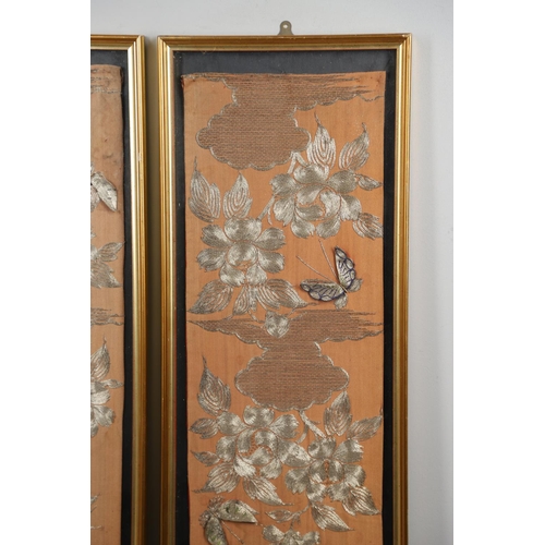 882 - LARGE FRAMED JAPANESE EMBROIDERED PANELS. Possibly taken from a large Kimono, with a raised design a... 