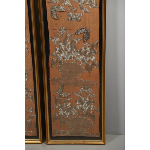 882 - LARGE FRAMED JAPANESE EMBROIDERED PANELS. Possibly taken from a large Kimono, with a raised design a... 