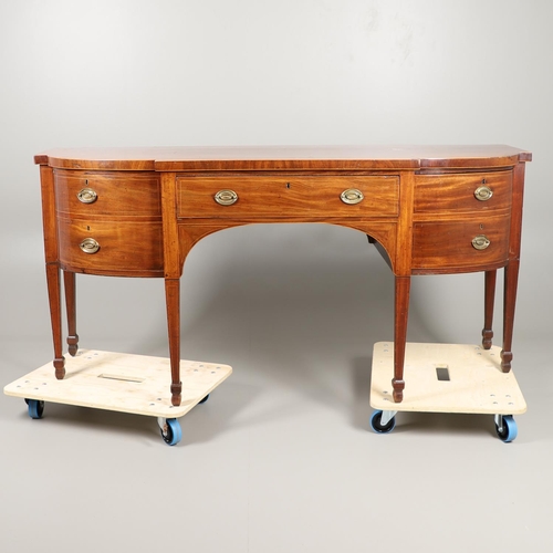 1588 - A GEORGE III INLAID MAHOGANY SIDEBOARD. of bow and breakfront form, with an arched recess on taperin... 