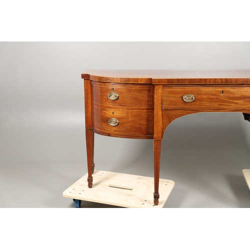 1588 - A GEORGE III INLAID MAHOGANY SIDEBOARD. of bow and breakfront form, with an arched recess on taperin... 