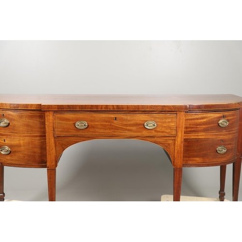1588 - A GEORGE III INLAID MAHOGANY SIDEBOARD. of bow and breakfront form, with an arched recess on taperin... 