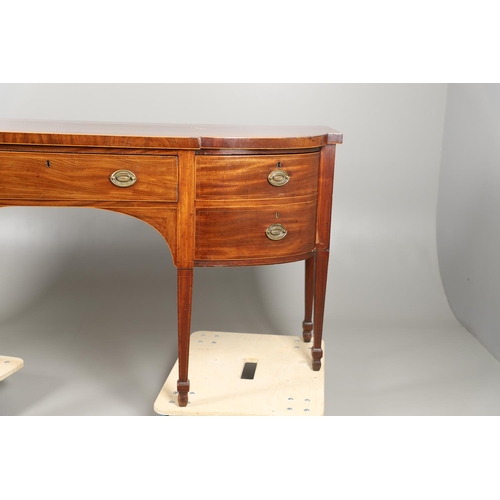 1588 - A GEORGE III INLAID MAHOGANY SIDEBOARD. of bow and breakfront form, with an arched recess on taperin... 