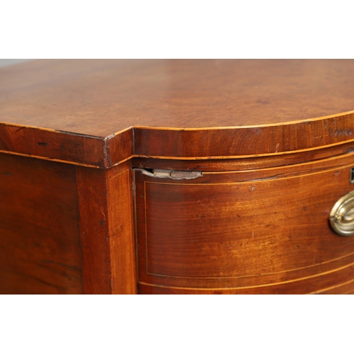 1588 - A GEORGE III INLAID MAHOGANY SIDEBOARD. of bow and breakfront form, with an arched recess on taperin... 