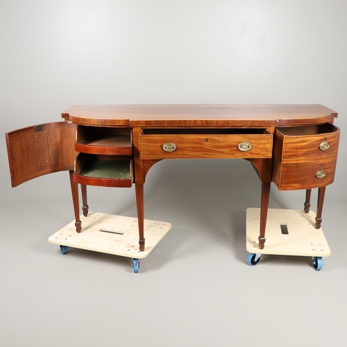 1588 - A GEORGE III INLAID MAHOGANY SIDEBOARD. of bow and breakfront form, with an arched recess on taperin... 