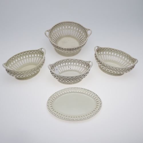 802A - EARLY 19THC SHORTHOSE & CO CREAMWARE BOWL, & OTHER CREAMWARE BASKETS & STAND. A large circular bowl ... 