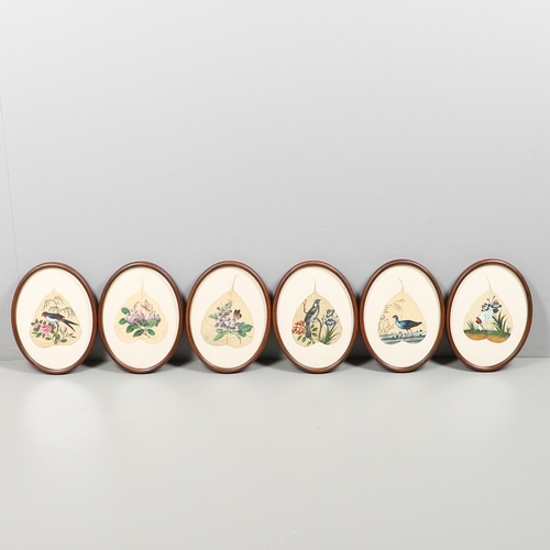 828A - A SET OF SIX 19THC CHINESE LEAF PAINTINGS. 19thc, a set of six leaf paintings with depictions of var... 