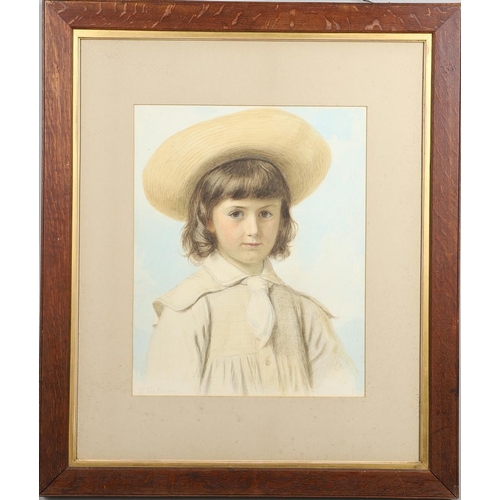 383 - EDWARD TAYLER (1828-1906). PORTRAIT OF A CHILD. Bust length, wearing a smock and cravat and a straw ... 