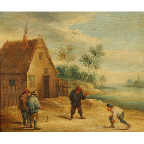 390 - DAVID TENIERS THE YOUNGER (1610-1690). Follower of. PEASANTS PLAYING A BALL GAME; PEASANTS BY COTTAG... 