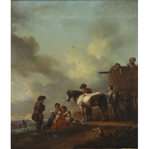 391 - PHILIPS WOUWERMAN (1619-1668). Follower of. A RUSTIC FAMILY WITH HORSES BY A HAYCART. Oil on canvas
... 