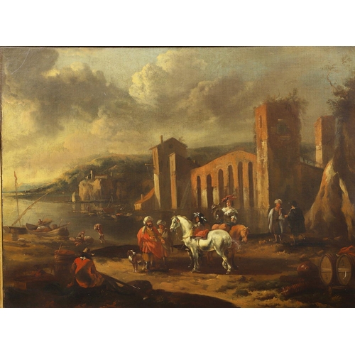 392 - PIETER VAN BLOEMEN (1657-1720). Follower of. MERCHANTS AND OTHER FIGURES WITH HORSES, BY RUINS IN AN... 