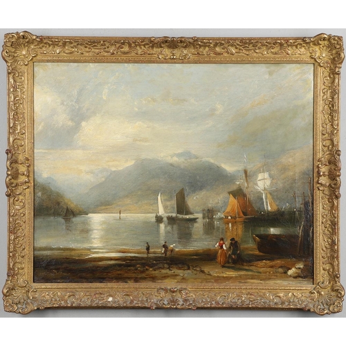 403 - SIR AUGUSTUS WALL CALLCOTT, RA (1779-1844). His circle. FISHERFOLK WITH BOATS BY A LOCH. Oil on canv... 