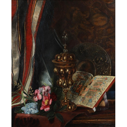 407 - EMILY STANNARD (1802-1885). Follower of. STILL LIFE OF A CIBORIUM, A BOOK OF HOURS, A CHARGER AND FL... 