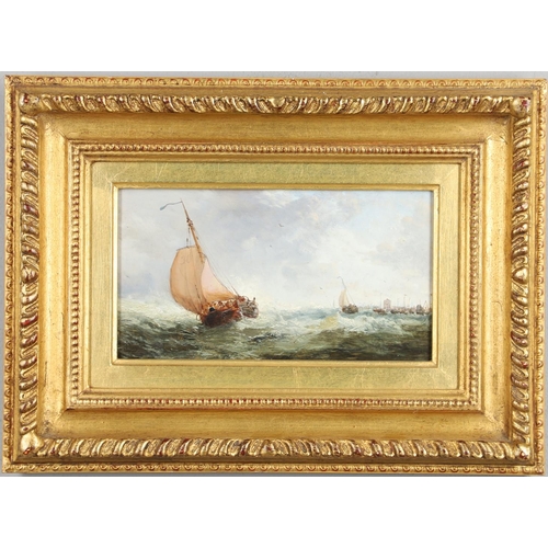 417 - JAMES WEBB (1825-1895). FISHING BOATS IN A FRESH BREEZE. Signed, oil on panel
12 x 22cm.  *CR  A lit... 