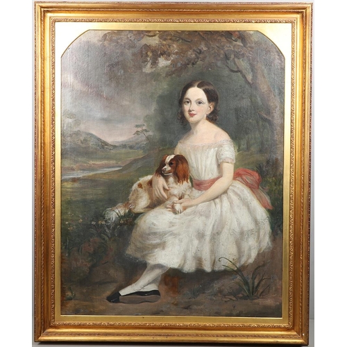 420 - WILLIAM EDWARD FROST, RA (1810-1877). Follower of. PORTRAIT OF A GIRL WITH HER PET SPANIEL. The girl... 