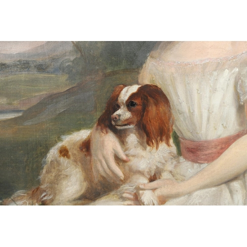 420 - WILLIAM EDWARD FROST, RA (1810-1877). Follower of. PORTRAIT OF A GIRL WITH HER PET SPANIEL. The girl... 