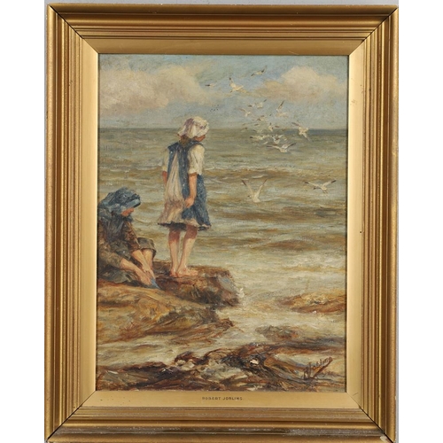 428 - ROBERT JOBLING (1841-1923). GIRLS AND GULLS ON A ROCKY SHORE. Signed, oil on canvas
40 x 29.5cm.  *C... 