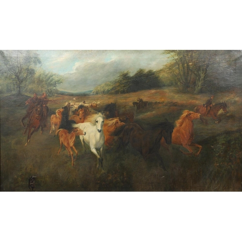 429 - LUCY ELIZABETH KEMP WELCH (1869-1958). After. COLT-HUNTING IN THE NEW FOREST. Oil on canvas
75 x 126... 