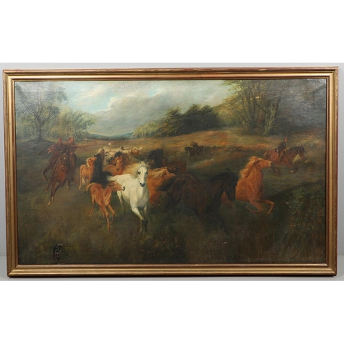 429 - LUCY ELIZABETH KEMP WELCH (1869-1958). After. COLT-HUNTING IN THE NEW FOREST. Oil on canvas
75 x 126... 