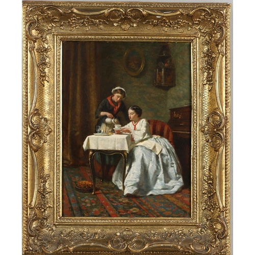 432 - THEOPHILE EMMANUEL DUVERGER (1821-1898). LA TASSE DE THE. Signed, oil on panel
29 x 21cm.  *CR  Slig... 