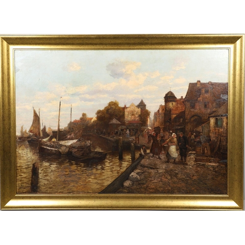 434 - P** DUMAS (CIRCA 1890-1910). DUTCH FISHERFOLK BY A BUSY WATERFRONT. Signed, oil on canvas laid on bo... 