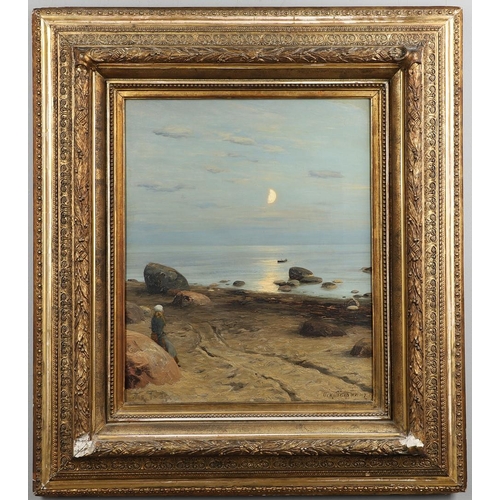 437 - OSKAR ADOLFOVITCH HOFFMANN (RUSSIAN, 1851-1912). MOONLIGHT ON THE SHORE. Signed in Cyrillic and date... 