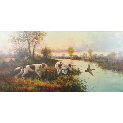 438 - A** PARMENTIER (20TH CENTURY). A SPORTSMAN WITH SETTERS, SHOOTING DUCK BY A RIVER. (d) Signed, oil o... 