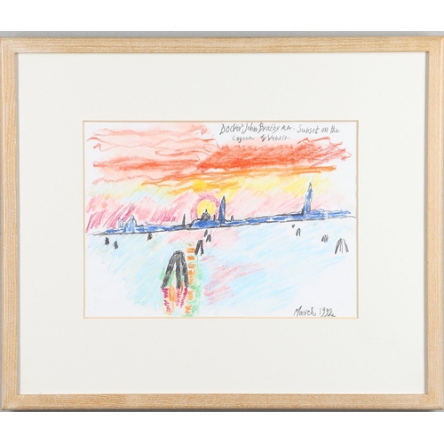 457 - JOHN BRATBY, RA (1928-1992). SUNSET ON THE LAGOON OF VENICE. (d) Signed (`Doctor John Bratby`), titl... 