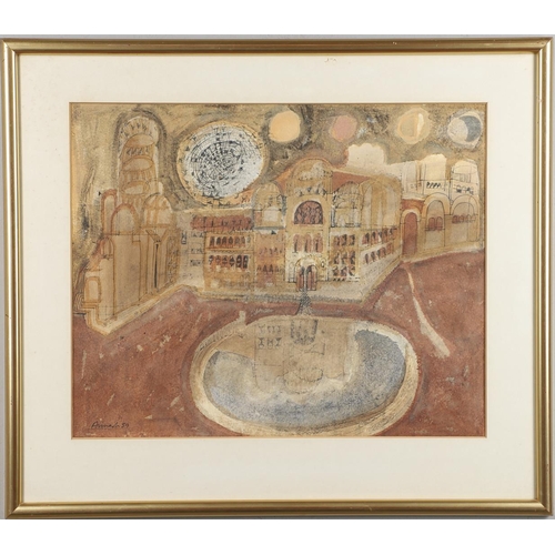 473 - AVINASH CHANDRA (INDIAN, 1931-1991). TOWN SCENE. Signed and dated `Avinash 59`, watercolour with pen... 