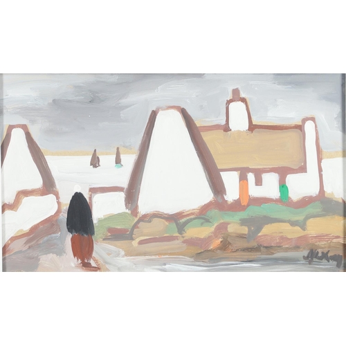 546 - DAVID MARCUS `MARKEY` ROBINSON (1918-1999). A FIGURE BY COTTAGES NEAR THE SEA. (d) Signed, gouache o... 