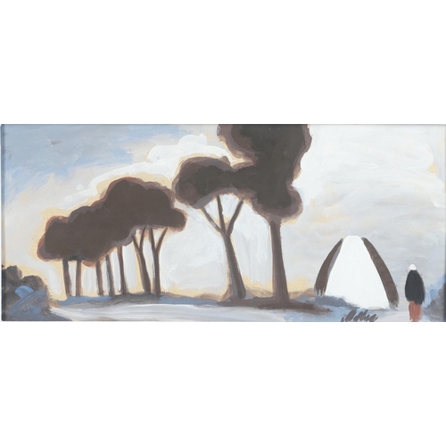 547 - DAVID MARCUS `MARKEY` ROBINSON (1918-1999). FIGURE BY TREES. (d) Signed, gouache on board
18.5 x 42.... 