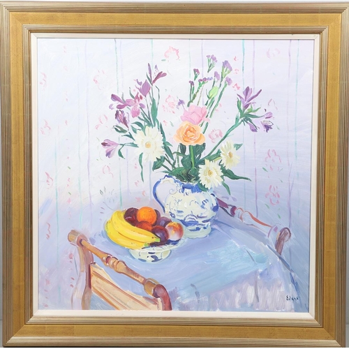 551 - NORMAN EDGAR (1948-2022). STILL LIFE WITH WILLOW PATTERN JUG. (d) Signed, oil on canvas
74 x 74cm.  ... 