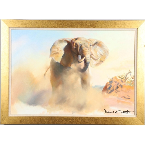 556 - DONALD GRANT, OBE (1930-2001). BULL ELEPHANT. (d) Signed, oil on canvas
44.5 x 65cm.  *CR  Lined; a ... 