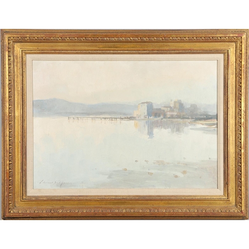 562 - EDWARD SEAGO, RWS (1910-1974). HAZY MORNING, CALA DI VOLPE. (d) Signed, bears title verso, studio st... 