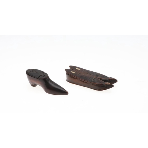 576 - TREEN SNUFF BOXES. Including a carved snuff box in the form of two Shoe's, with a hinged lid and bon... 