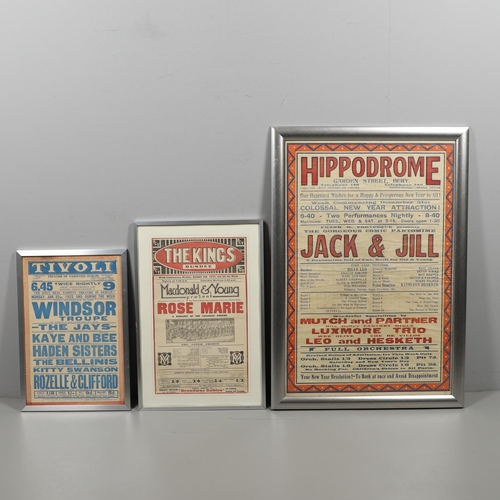 605 - VINTAGE THEATRE POSTERS - HIPPODROME BURY, TIVOLI DUBLIN & THE KINGS DUNDEE. A large framed poster f... 