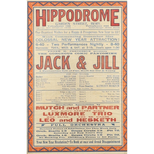 605 - VINTAGE THEATRE POSTERS - HIPPODROME BURY, TIVOLI DUBLIN & THE KINGS DUNDEE. A large framed poster f... 