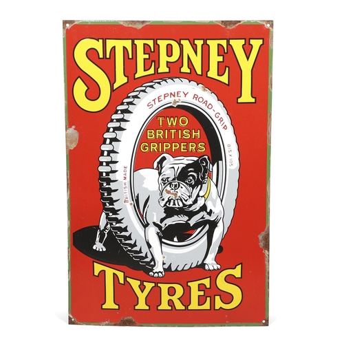 619 - VINTAGE ENAMEL PICTORIAL SIGN - STEPNEY TYRES. A vintage sign with a depiction of a Bulldog astride ... 