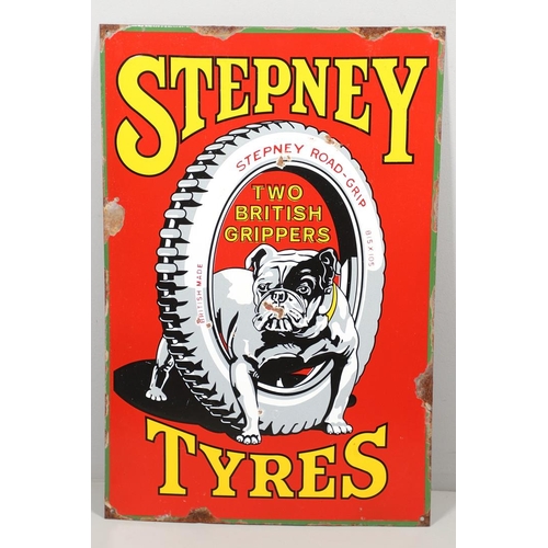 619 - VINTAGE ENAMEL PICTORIAL SIGN - STEPNEY TYRES. A vintage sign with a depiction of a Bulldog astride ... 