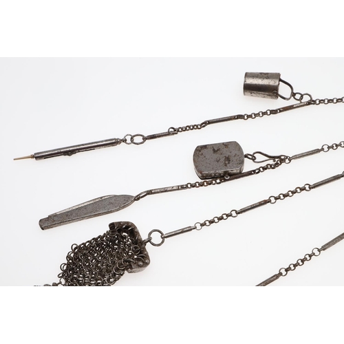 631 - CUT STEEL CHATELAINE - SEWING INTEREST. Probably Georgian, with a horse shoe shaped clip and various... 