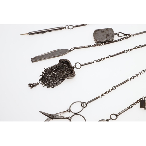 631 - CUT STEEL CHATELAINE - SEWING INTEREST. Probably Georgian, with a horse shoe shaped clip and various... 