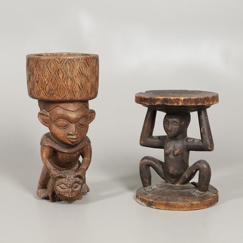 640 - CAMEROON TRIBAL POUNDING BOWL & LUBA-HEMBA TRIBAL STOOL. A carved tribal pounding bowl, the figure w... 