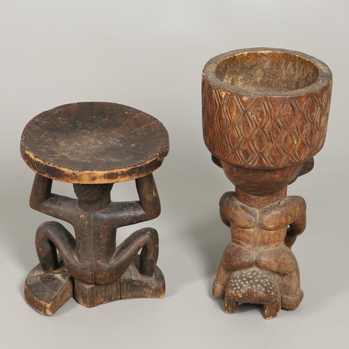 640 - CAMEROON TRIBAL POUNDING BOWL & LUBA-HEMBA TRIBAL STOOL. A carved tribal pounding bowl, the figure w... 