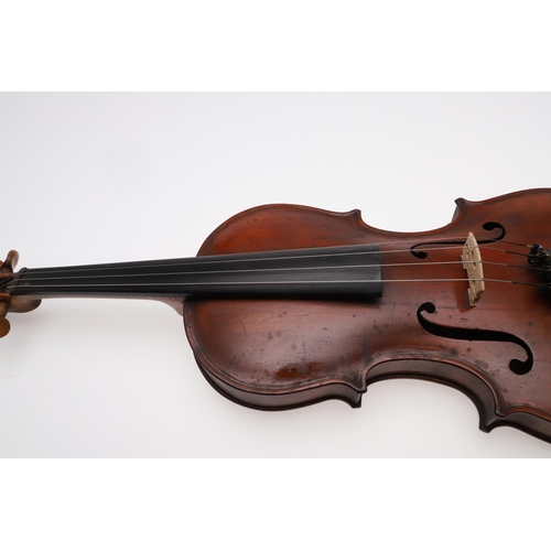 643 - ANTIQUE VIOLIN & CASE. The violin with a one piece back and carved scroll, tuning pegs possibly made... 