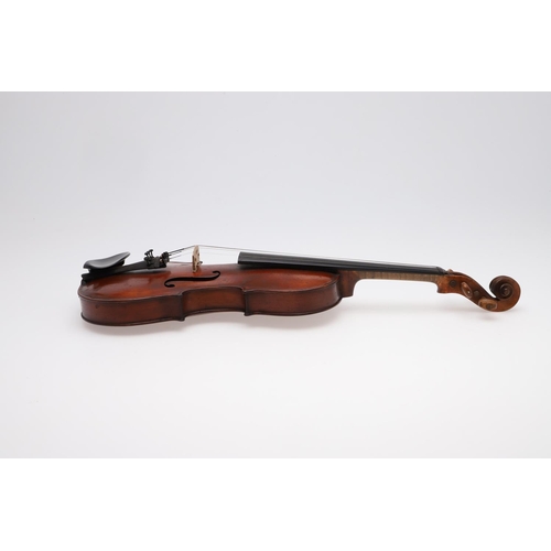 643 - ANTIQUE VIOLIN & CASE. The violin with a one piece back and carved scroll, tuning pegs possibly made... 