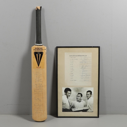 652 - CRICKET AUTOGRAPHS - CAVALIERS TOUR OF SOUTH AFRICA 1963, & SIGNED CRICKET BAT. A framed photograph ... 