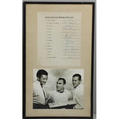 652 - CRICKET AUTOGRAPHS - CAVALIERS TOUR OF SOUTH AFRICA 1963, & SIGNED CRICKET BAT. A framed photograph ... 