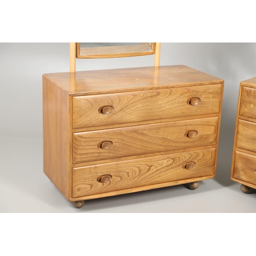 655 - ERCOL ELM AND BEECH DRESSING TABLE AND CHEST OF DRAWERS. An elm dressing table with hinged mirror ab... 