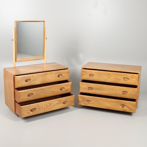 655 - ERCOL ELM AND BEECH DRESSING TABLE AND CHEST OF DRAWERS. An elm dressing table with hinged mirror ab... 