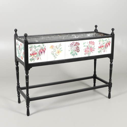 658 - AN ARTS AND CRAFTS EBONISED AND TILED JARDINIERE STAND. An ebonised rectangular shaped jardiniere st... 